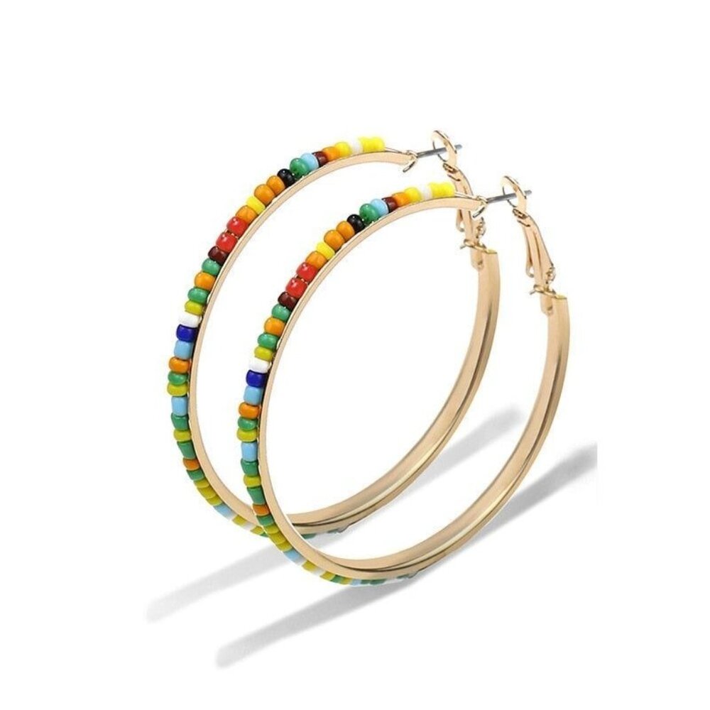 Abby Laurel Multicolored Beads on Gold Large Hoop Earrings Gift Packaged - Picture 3 of 9